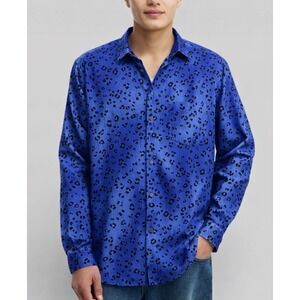 Society of Threads Cheetah Velvet Flocked Long Sleeve Men's Shirt  Navy size S